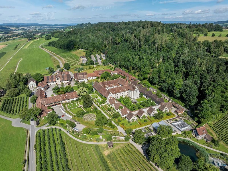 Aerial view of Ittingen Charterhouse, a former Carthusian monastery, today a cultural centre, conference centre, museum, hotel, restaurant and estate, Warth-Weiningen, Canton Thurgau, Switzerland