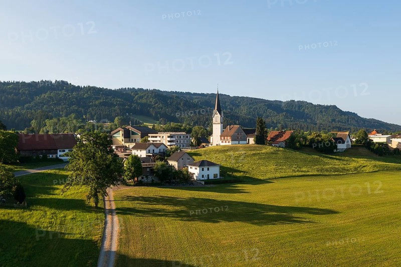 Drone image, view of village with parish church, Hohenweiler, Vorarlberg, Austria