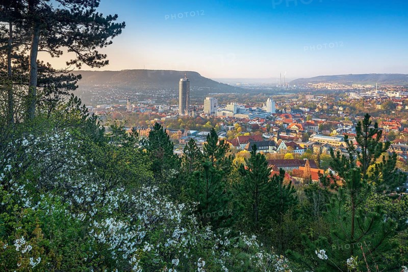 City view in the first morning light with JenTower and Friedrich-Schiller University, view from the Landgrafen mountain in spring, Jena, Saaletal, Thuringia, Germany