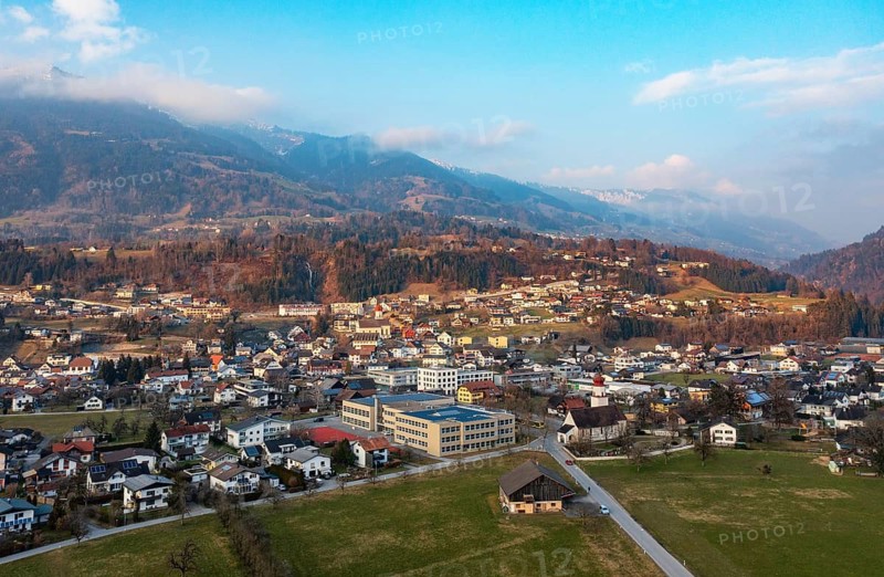 Drone image, residential buildings, settlement area, parish church, Thuringia, Großes Walsertal, Vorarlberg, Austria
