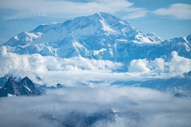 Panorama, clouds over high mountains, Mt Denali or Mount McKinley, aerial view, Alaska Range, Denali National Park, Alaska, USA