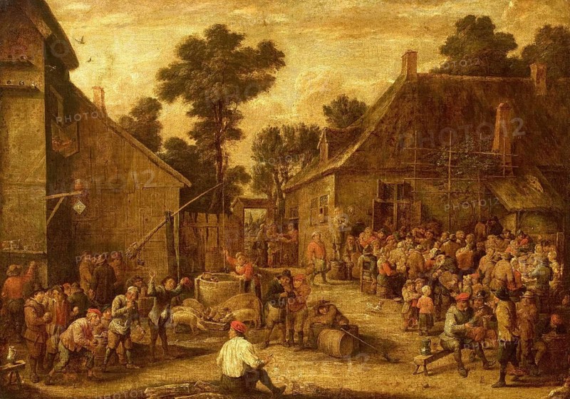 Merry Hustle and bustle in the Countryside, painting by David Teniers (baptised 15 December 1610 in Antwerp, died 25 April 1690 in Brussels), Flemish painter, draughtsman and curator. He was an innovator in a variety of genres such as history painting, genre painting, landscape, portrait and still life. He is most remembered today as the leading Flemish genre painter of his time, reproduction from a 17th century painting. Authentic, file restored for optimal use, exact date of original unknown