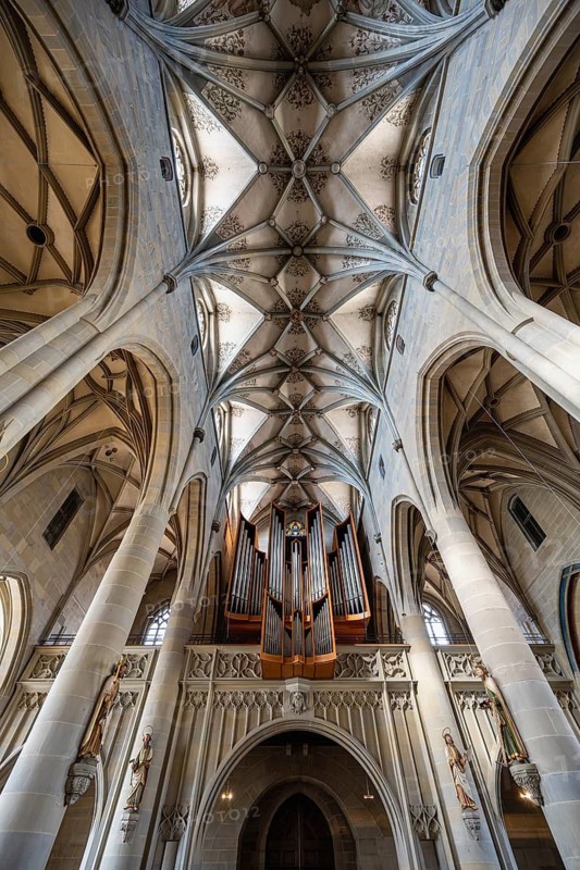 Ribbed vaulting, late Gothic vaulting with church organ, St. Nicholas organ in Überlingen Münster, parish church of St. Nikolaus, Überlingen am Lake Constance, Bodenseekreis Baden-Württemberg, Germany