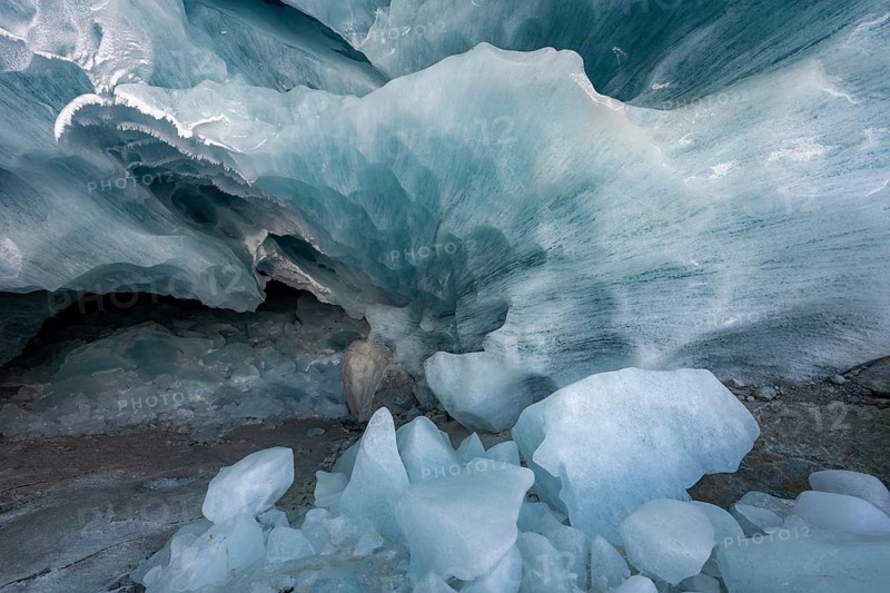 Glacier cave, ice cave, Morteratsch Glacier, Engadin, Graubünden, Switzerland