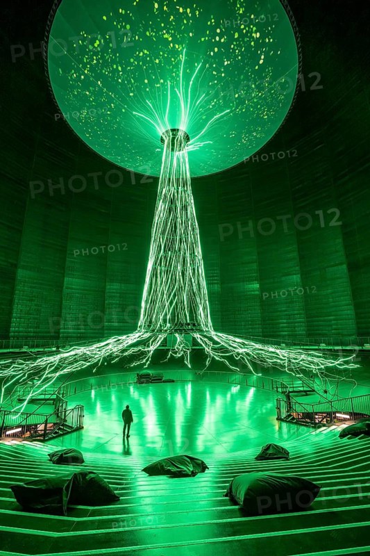 New exhibition at Gasometer Oberhausen, art sculpture The Tree, 40 meter high light installation, shows different stages of a tree with light and music, exhibition Myth Forest, on 3 levels and with several thematic chapters, the exhibition shows the diversity of the world's forests with pictures, videos and exhibits, North Rhine-Westphalia, Germany