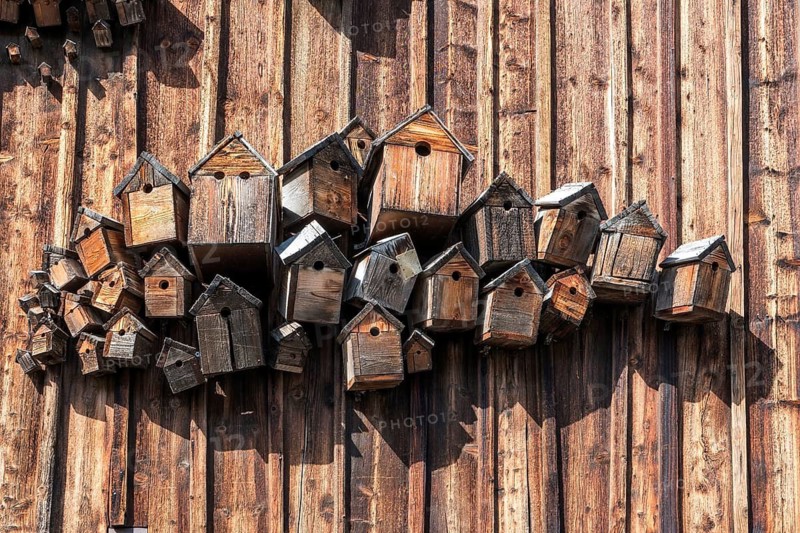 Different birdhouses on a wooden wall, near Füssen, Ostallgäu, Allgäu, Bavaria, Germany