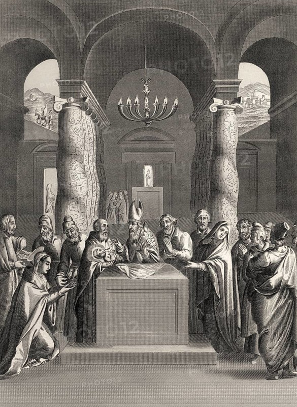 The Purification of Jesus, steel engraving, 1853, digitally restored