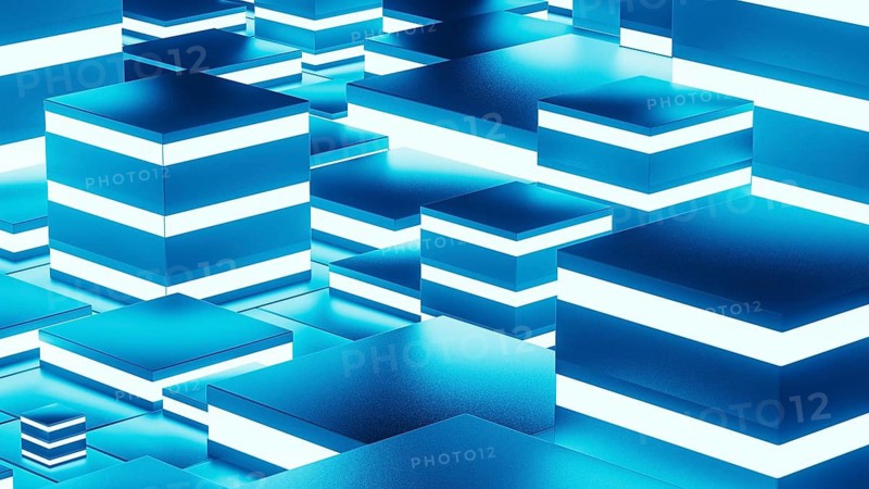 Abstract background design featuring a network of glowing geometric shapes in blue tones, creating a visually captivating technological atmosphere