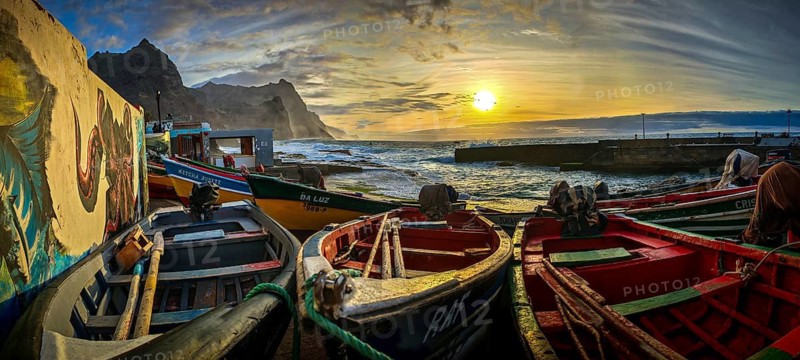 Boats in a colorful harbor illuminated by sunset light, graffiti, romantic harbor scene, Ponta do Sol, Santo Antao, Cabo Verde, Cape Verde, Cape Verde