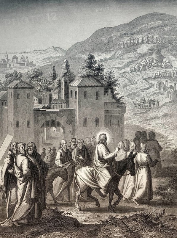 Jesus riding a donkey to Jerusalem, New Testament, steel engraving 1853, digitally restored