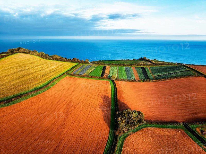 Colours of autumn Fields and Farms over Sheldon from a drone, Torbay, Devon, England, United Kingdom