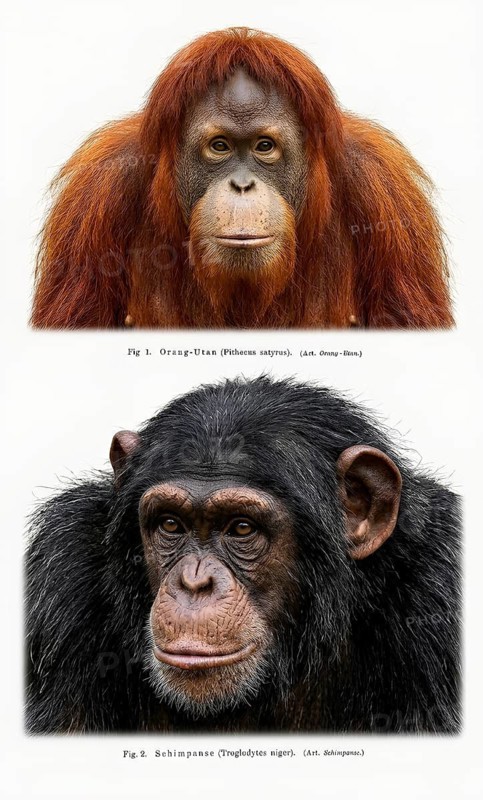 Display board apes, chimpanzees (pan), orangutans (pongo), animal kingdom, animal world, wild animal, habitat, fauna, great ape, primates, historical illustration, digitally processed