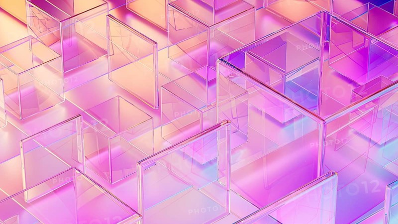 Translucent cubes in varying sizes form a sophisticated abstract background, combining colors and shapes that convey a sense of modern technology
