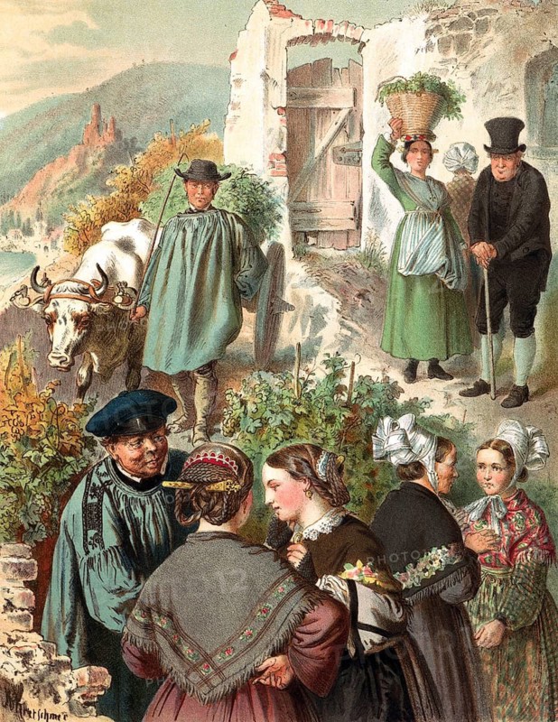 Traditional costumes in Germany around 1820, Province of Prussia, on the Moselle, people in traditional costumes working and interacting with an ox in a picturesque rural setting, digitally retouched reproduction of a model from around 1850, by Albert Kretschmer (27 February 1825, 11 July 1891), German painter and traditional costume expert