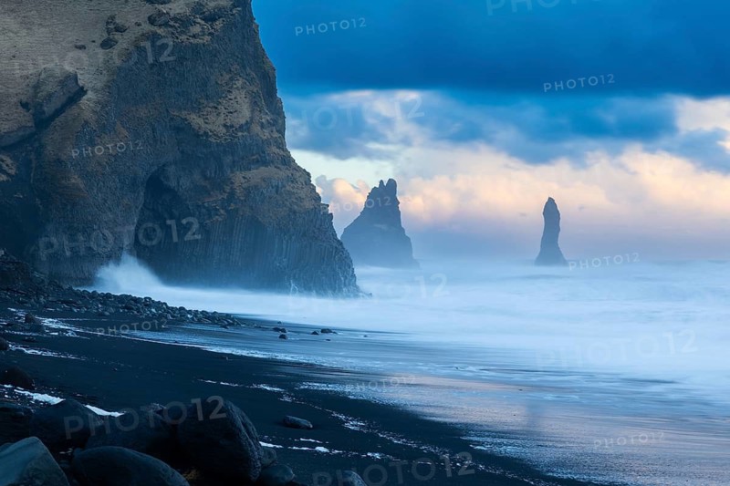 Reynisdrangar pinnacles, lava sandy beach, lava rocks, sea, waves, surf, sunset, Vik, Iceland, Scandinavia