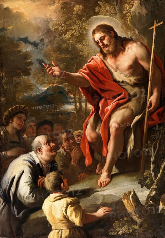 Luca Giordano (b. 18 October 1634, d. 3 January 1705), called Fa Presto, Italian painter and etcher of the Baroque period, Saint John Preaching in the Wilderness (c.1680s), Saint John Preaching in the Wilderness (ca. 1680s), Painting, Reproduction of the painting in its original state, Work of art, Historical, A preacher speaks to listeners in a naturalistic, colourful setting