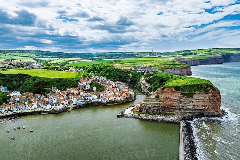 Staithes Village from a drone, North Yorkshire, North York Moors National Park, England, United Kingdom