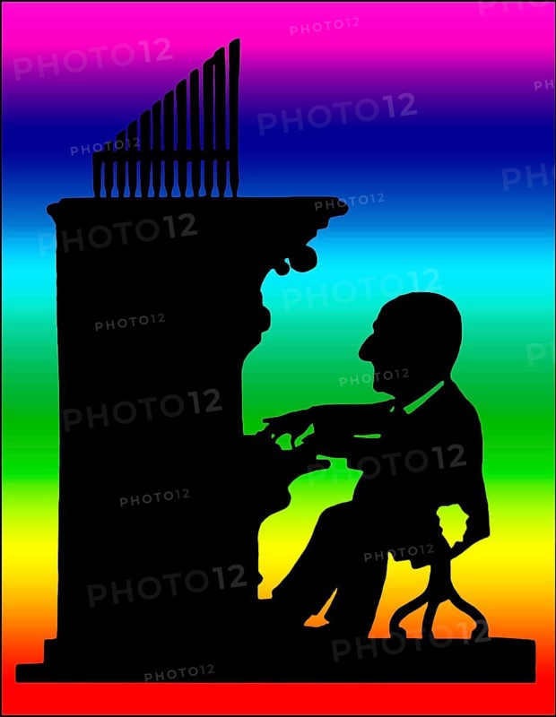 Anton Bruckner playing organ, Silhouette print by Hans Schließmann, digitally edited