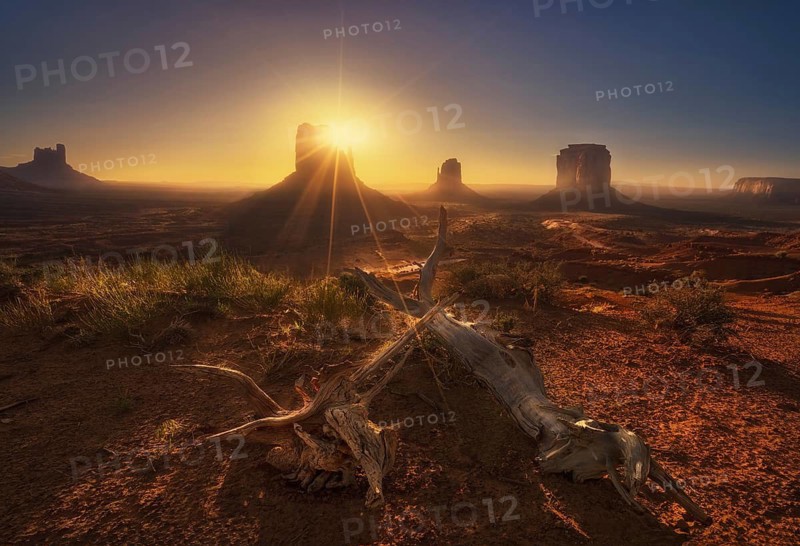 Sunlight bursts over Monument Valley, casting long shadows across the rugged terrain. The vivid sunrise highlights the natural beauty of the desert landscape, offering a breathtaking view