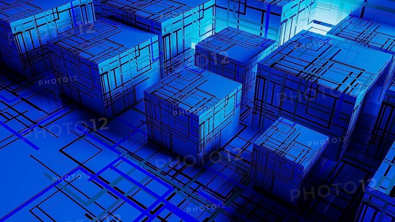 Vibrant abstract background showcases interconnected cubes, representing technology and data in a digital landscape