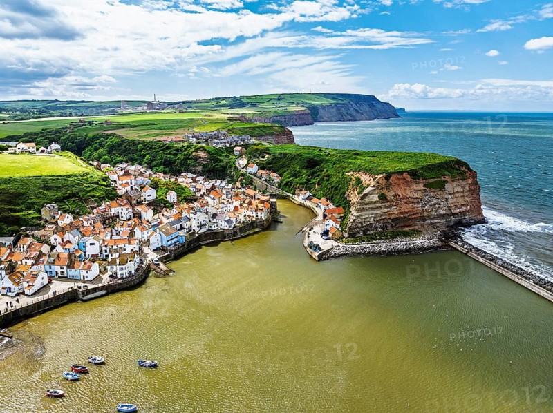 Staithes Village from a drone, North Yorkshire, North York Moors National Park, England, United Kingdom