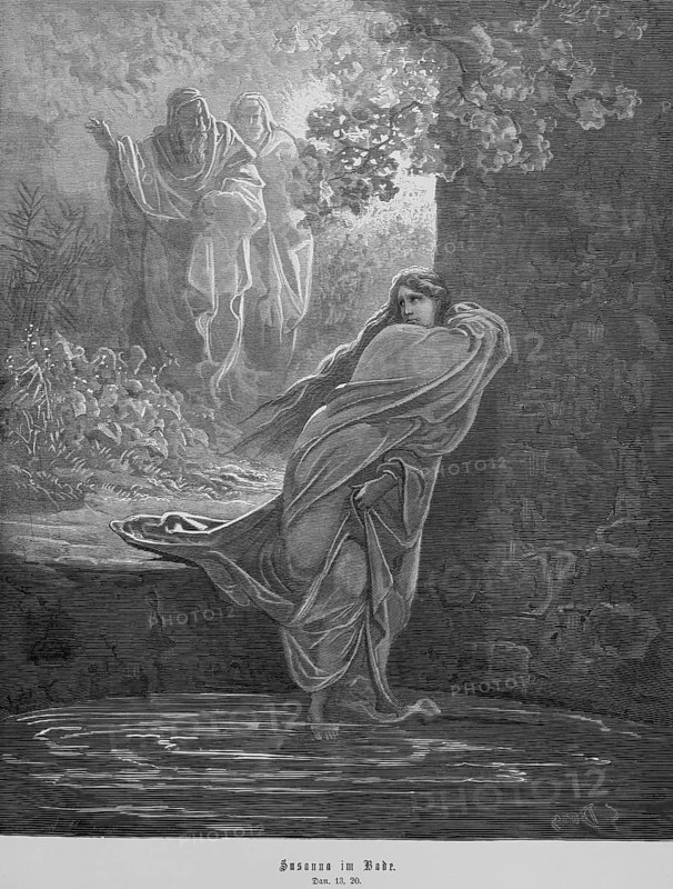 Daniel, chapter 13, verse 20, Susanna bathing, two elders oppress Susanna, despair, hardship, evil intent, fear, man, woman, power, garden, Old Testament, Bible, steel engraving Doré, historical illustration 1885