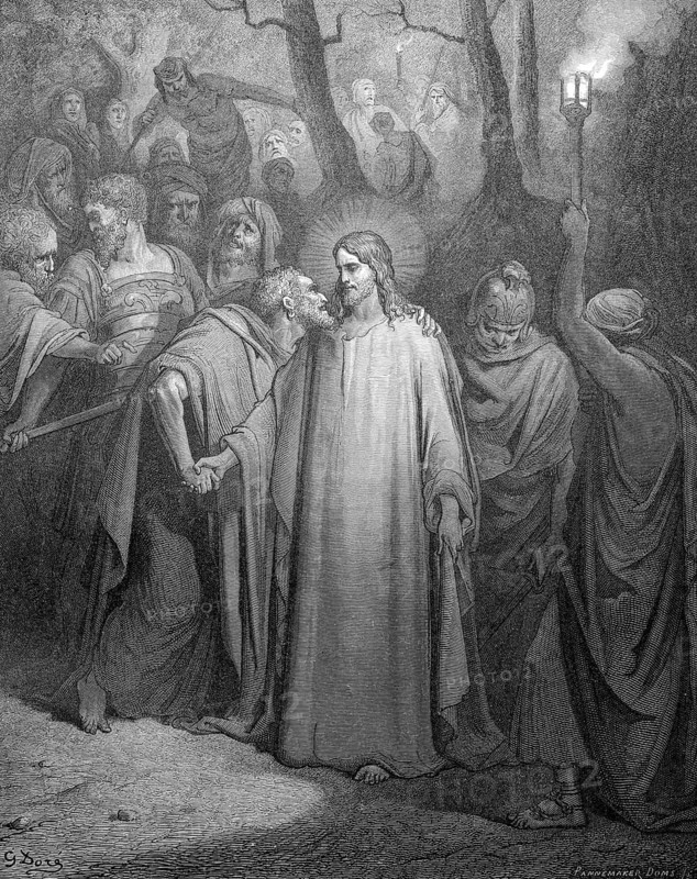 Judas betrayal, Judas approaches Jesus and kisses him, Matthew chapter 26, verse 49, soldiers, weapons, betray, lie, deceive, holy vision, welcome kiss, greet, Christian religion, falsehood, priest, arrest, darkness, torch, Bible, New Testament, steel engraving Doré, historical illustration 1885