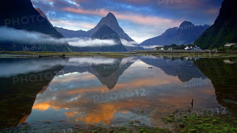 Mildford Sound, sunset light, South Island, travel, landscape, clouds of fog, New Zealand, Milford Sound, New Zealand