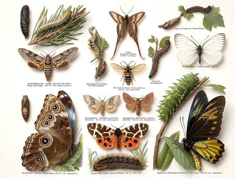 Display board butterflies, historical illustration, digitally manipulated, insects (Insecta), animal world, animal kingdom, Cabbage butterfly (Pieris brassicae), caterpillar