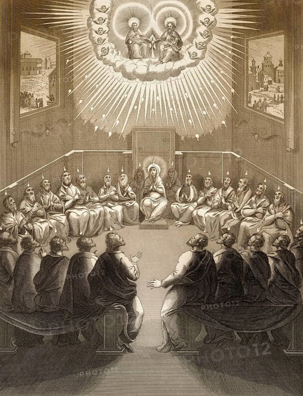 The Day of Pentecost, the descent of the Holy Spirit upon the Apostles, Steel engraving 1853, digitally restored