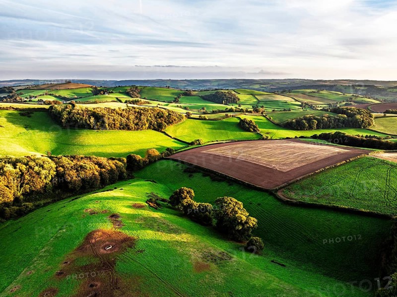Colours of Devon Farms and Fields over Berry Pomeroy from a drone, Totnes, England, United Kingdom