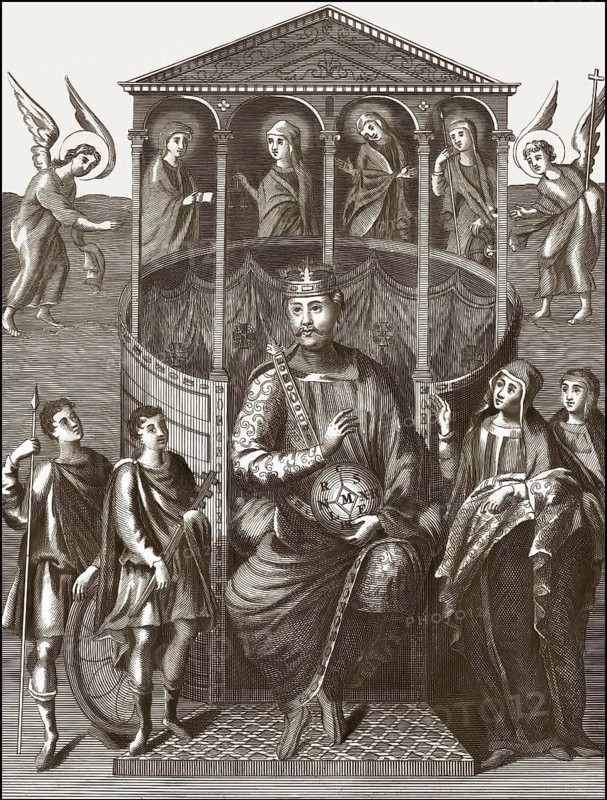 Charles the Bald, 823 – 877, emperor of the Carolingian Empire, sitting on his throne