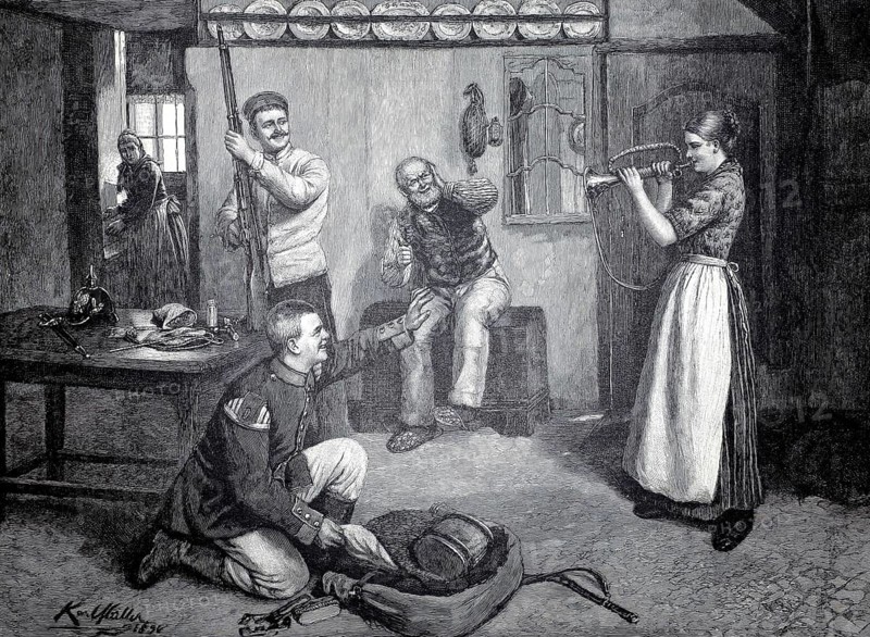 Soldiers have moved into quarters in a house, and the soldier is unpacking his tournister. The house daughter, who was up for a funny joke, used this moment to seize his bugle. The old man sitting on the chest on the wall and smoking his pipe covers his ear with his left hand, Blasius laughingly protests against this desecration of his instrument, illustration, reproduction of a model from the 19th century. Authentic, file restored for optimal use, exact date of original unknown, historical, family scene with humorous interaction, rifle is shown