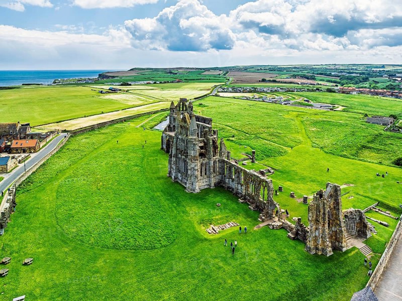 Whitby Abbey over River Esk from a drone, North Yorkshire, England, United Kingdom