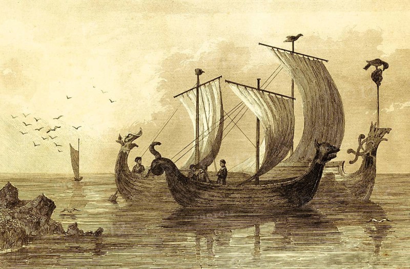 Sailing ships of the Anglo-Saxon period, Anglo-Saxons, shipping, sea, transport, traffic, sails set, wooden boats, mast, birds, people, bow figure, monster, water reflection, England, Great Britain, steel engraving, historical illustration 1842