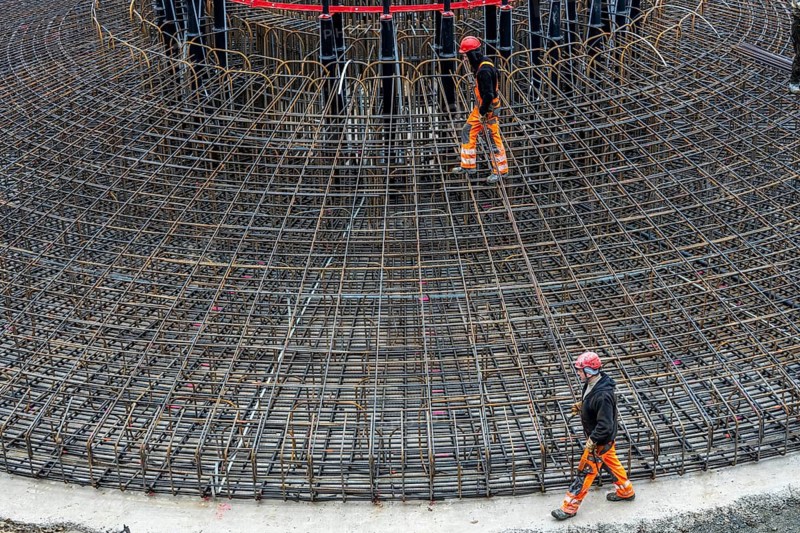Assembly of reinforcing steel for the reinforced concrete foundation of a wind turbine, a mesh of rebar and rebar mesh, over 100 tons of reinforcing steel were used, the wind turbine will have a hub height of 160 meters, part of a new wind farm in Sauerland, near Balve, North Rhine-Westphalia, Germany