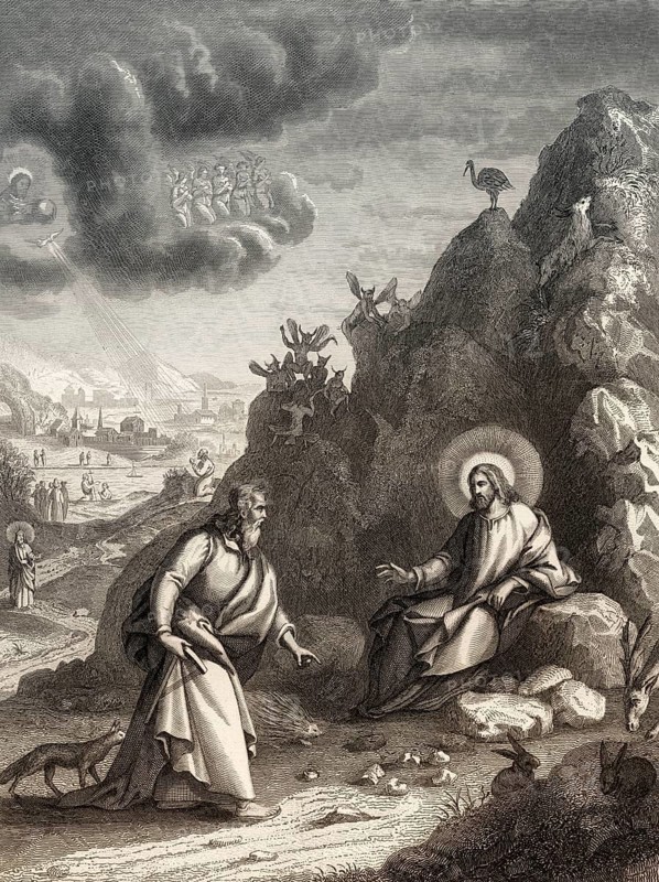 The temptation of Christ, Judaean Desert, Steel engraving 1853, digitally restored