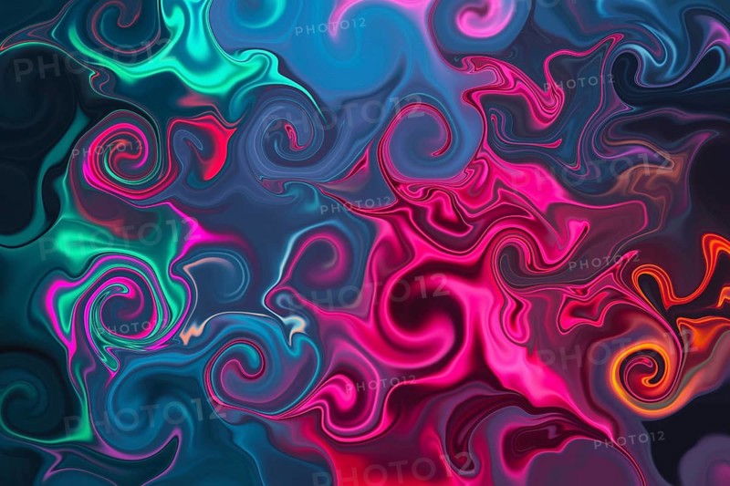 Dynamic abstract image featuring swirling patterns in vibrant neon colors. The energetic design captures movement and fluidity, creating a mesmerizing visual experience