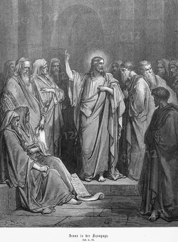On the Sabbath, Jesus goes to the synagogue in Nazareth, Luke, chapter 4, verse 16, Holy Scripture, read aloud, preach, listener, group, rejection, skepticism, doubt, raised arm, index finger, scroll, writing, barefoot, Christian religion, Bible, New Testament, steel engraving Doré, historical illustration 1885