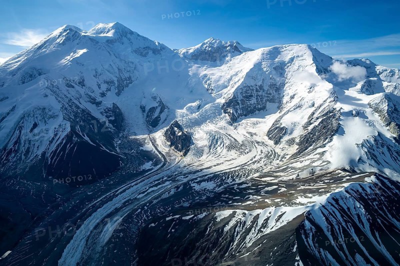 Mt Denali or Mount McKinley with glacier, aerial view, Alaska Range, Denali National Park, Alaska, USA
