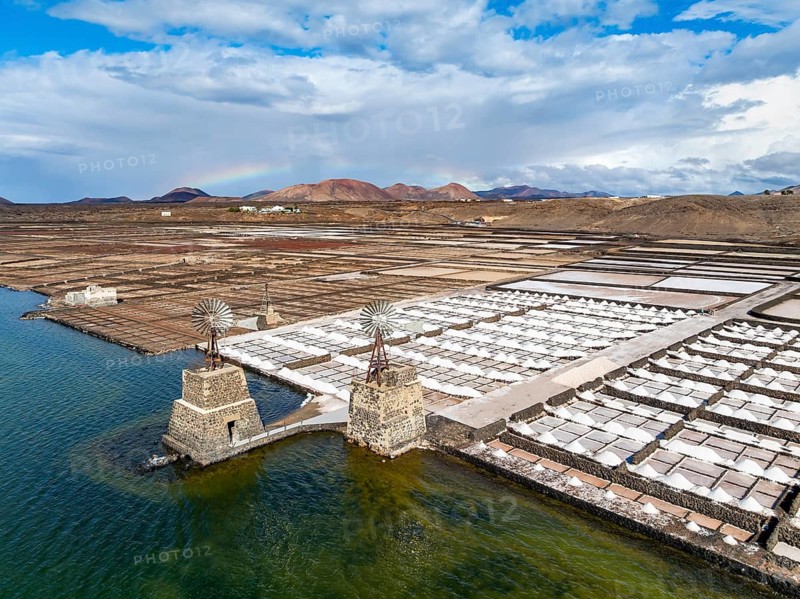 Salt mining plant, Salinas de Janubio with green Laguna de Janubio, near Yaiza, aerial view, Lanzarote, Canary Islands, Spain