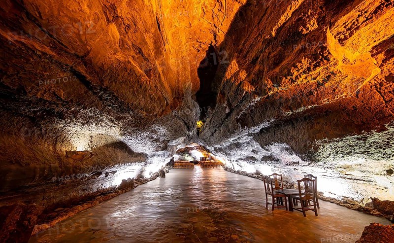 Underground cave formed by lava flow, illuminated lava cave, Cueva de los Verdes, Lanzarote, Canary Islands, Spain