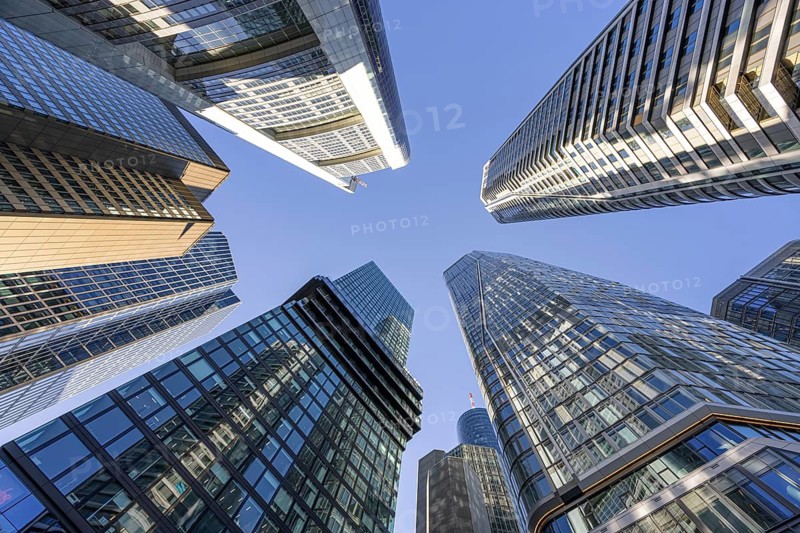 The skyscrapers of Frankfurt's skyline rise far into the sky, Frankfurt am Main, Hesse, Germany