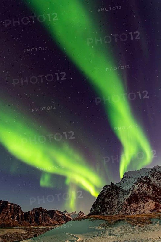 Aurora over the mountains and sea of Lofoten, Northern Lights, Northern Lights, Landscape, Leknes, Nordland/Lofoten, Norway