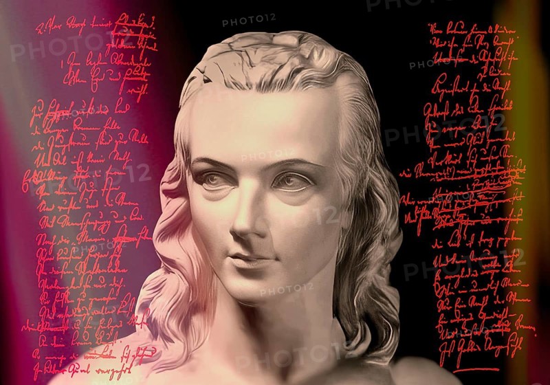 Portrait of Georg Philipp Friedrich Freiherr von Hardenberg, pseudonym and pen name Novalis, 1772 - 1801, German poet of Early German Romanticism, digitally edited after a bust at his grave, Hymns to the Night (Hymnen an die Nacht) written by Novalis