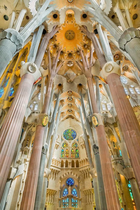 Interior view of the Familia Sagrada by the architect Antonio Gaudi in Barcelona, Spain