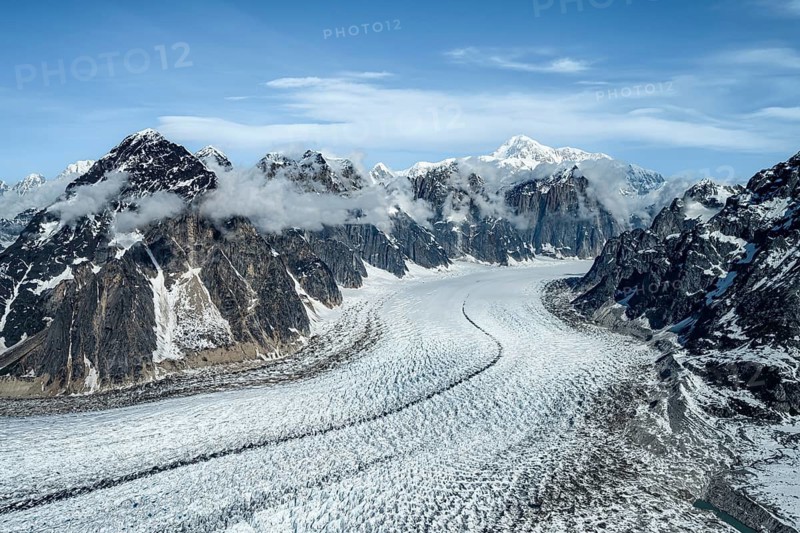 Mount Church, Mount Grosvenor, Mount Johnson Mount Wales and Mount Bradley in front of Ruth Glacier, Alaska Range glaciers and mountains, Alaska, USA