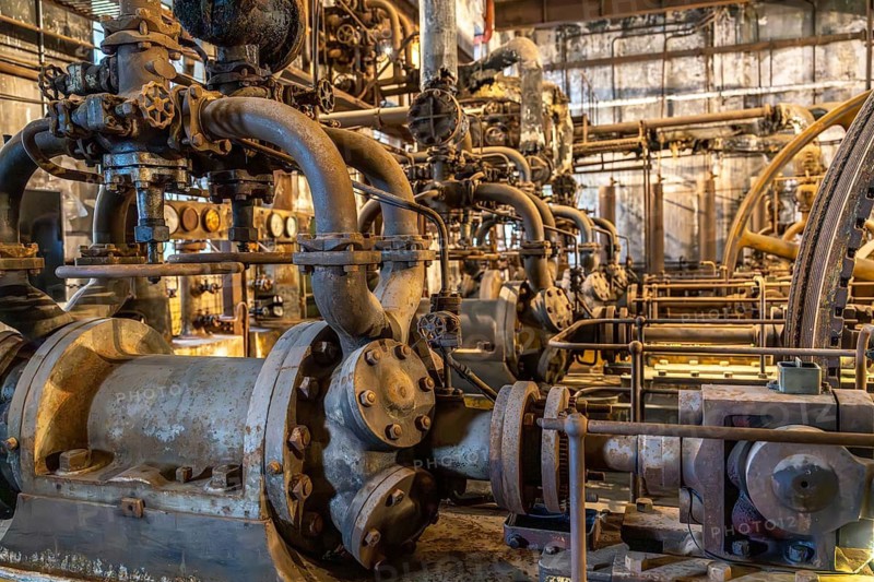 Historic industrial plant with rusted pipes, valves and machines, interior of the former meat factory, Frigorífico Anglo, Fray Bentos, Río Negro, Uruguay
