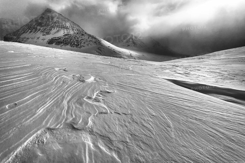 Snowy mountain landscape, Kebnekaisefjäll, Norrbotten, Lapland, Sweden, March 2018