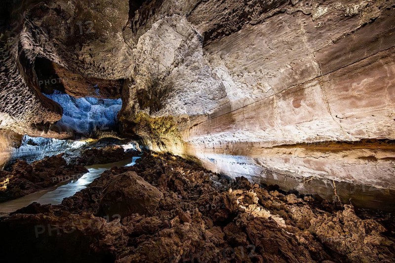 Underground cave formed by lava flow, illuminated lava cave, Cueva de los Verdes, Lanzarote, Canary Islands, Spain